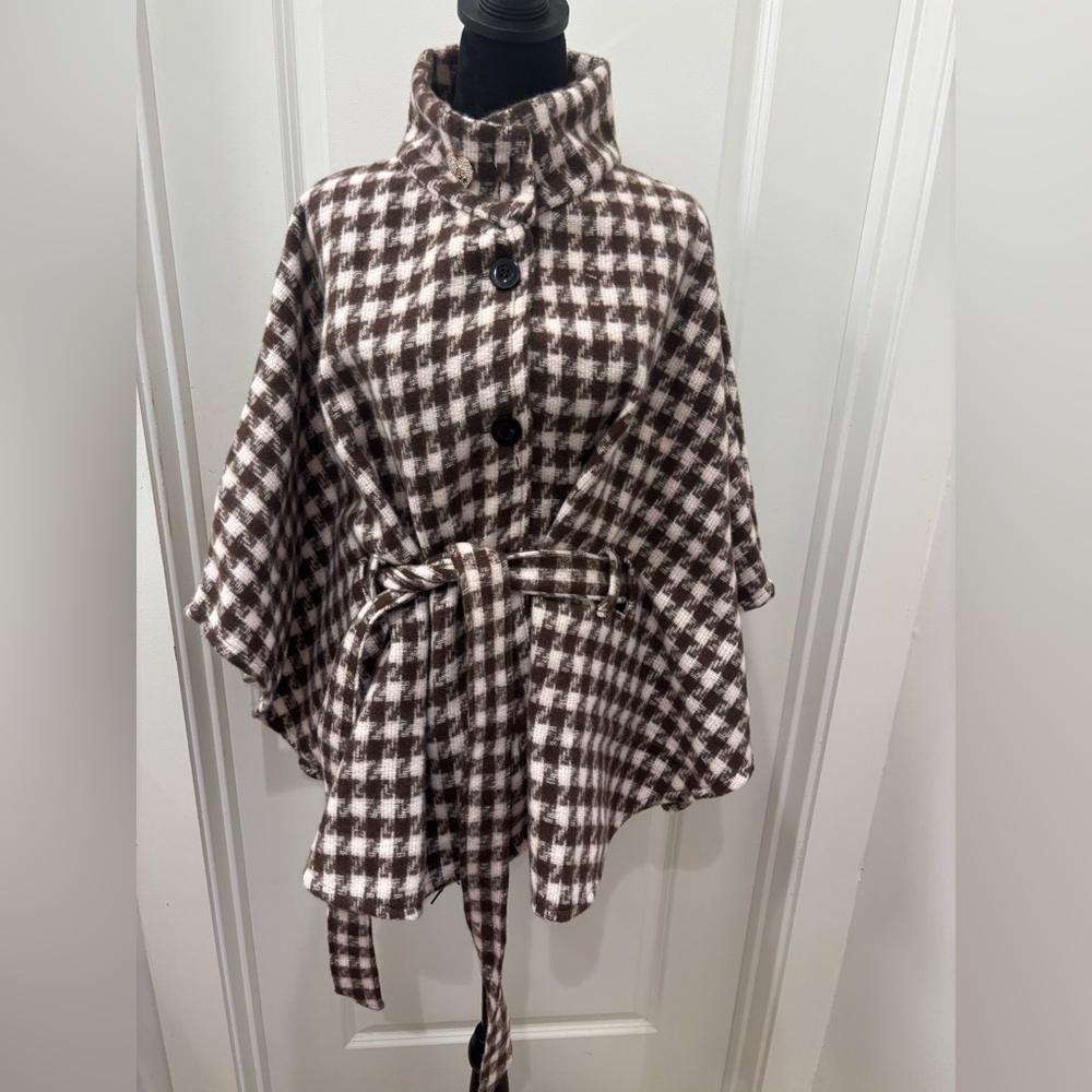 NWT Juicy Couture pink & brown houndstooth plaid soft belted shawl poncho